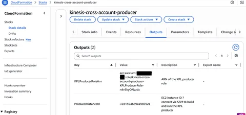 CloudFormation console showing the producer stack deployment outputs