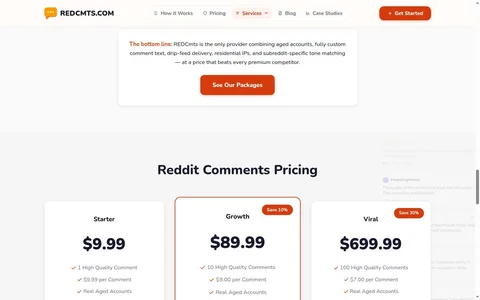REDCmts定价页面:一条评论9.99美元,十条89.99美元,一百条699.99美元