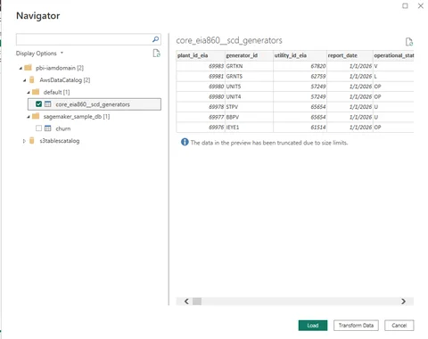 Power BI Desktop connected to the data catalog with the generators table loaded