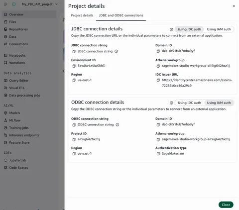 SageMaker Unified Studio project details showing domain ID, project ID, Region, and Athena workgroup