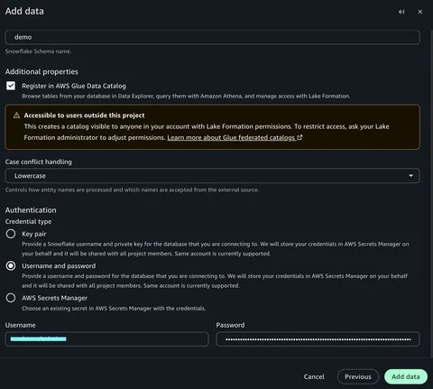 Connection form showing authentication and AWS Glue Data Catalog registration options