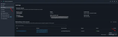 Actions menu in the Networking in this account section showing the Remove option.