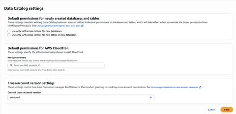Lake Formation Data Catalog settings with both IAM-only access control checkboxes cleared