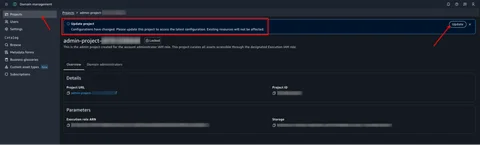 Project detail page showing the update banner for VPC configuration changes.