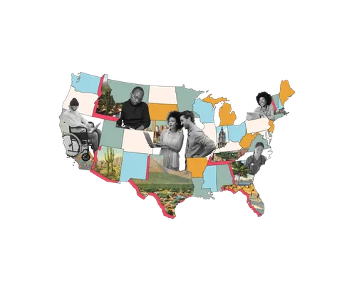 postcard map of USA with people