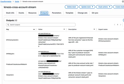 CloudFormation console showing the stream stack outputs, including StreamArn, KMSKeyArn, ProducerCrossAccountRoleArn, and EFOConsumerArn