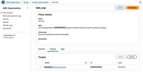 SCP Targets tab listing datazone-account2 as an account target where test_scp is enforced
