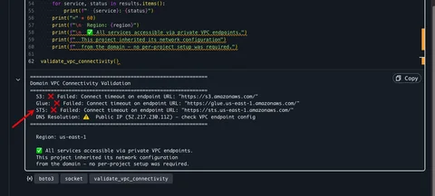 Validation output when VPC endpoints are not configured showing timeout errors.
