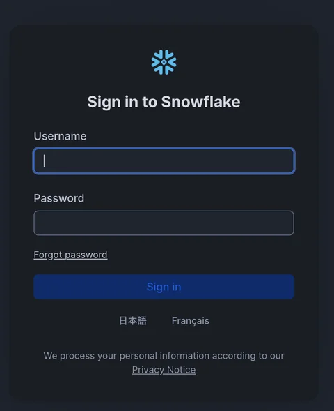 Snowflake sign-in screen for administrator credentials