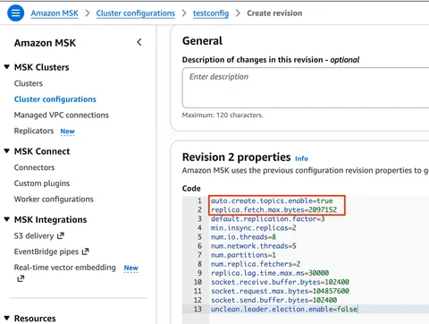 Amazon MSK console cluster configuration editor with the replica.fetch.max.bytes property set