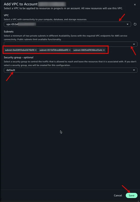 Add VPC dialog with fields for VPC, subnets, and security group selection.