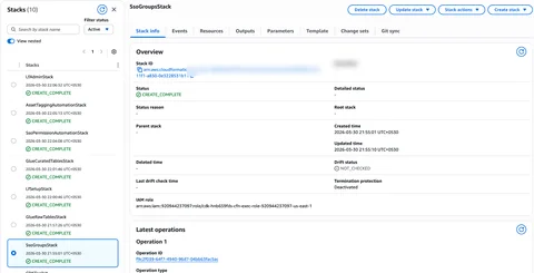CloudFormation console showing all seven CDK stacks in CREATE_COMPLETE status
