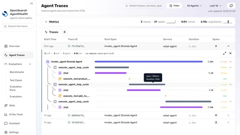 Agent Health Traces 视图，列出从之前交互中捕获的代理追踪记录