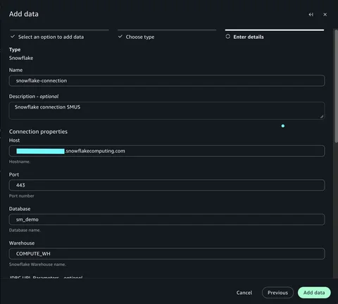 Snowflake connection details form with name, host, port, database, warehouse, and schema fields