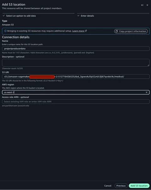 S3 location page with the location name, producer S3 path, and AWS Region entered before choosing Add data