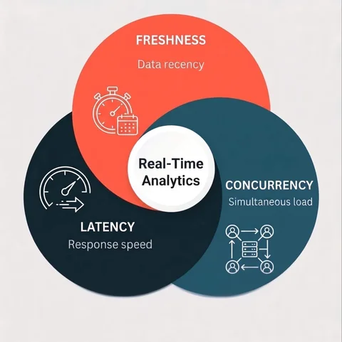 A three-axis framework showing freshness (how recent), latency (how fast), and concurrency (how many) as the three dimensions of real-time analytics requirements.