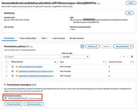 IAM console showing SMUSToolingBoundary as the permissions boundary on AmazonBedrockLambdaExecutionRole