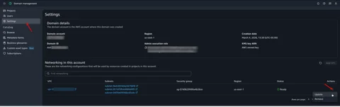 Settings page with the Actions menu showing Update and Remove options for VPC configuration.