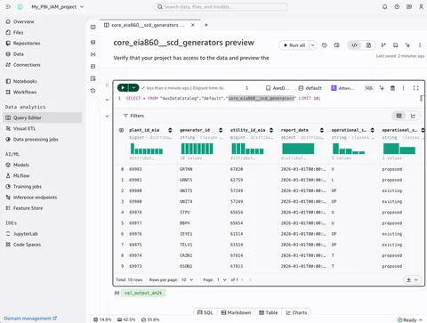 SageMaker Unified Studio Query Editor previewing the EIA-860 generators dataset in an IAM-based domain