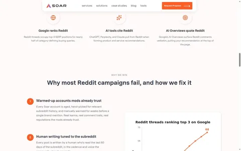 Soar营销页面,描述账号在任何品牌提及之前经过养号和人工暖号