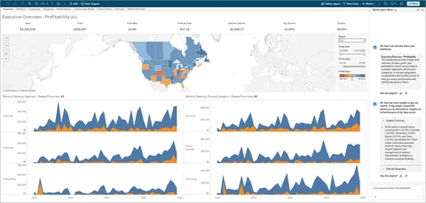 Tableau Agent 打开并显示每个可视化的洞察的 Tableau 仪表板。