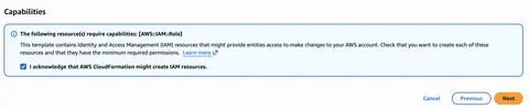 CloudFormation 审核页面，已选中 IAM 能力确认复选框