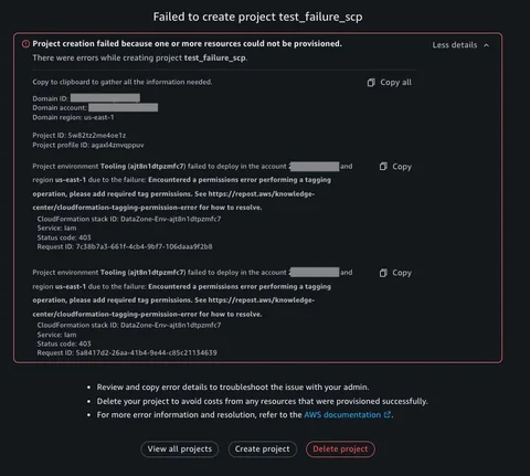 SMUS project overview showing the Tooling environment in a failed state from a permissions boundary SCP denial