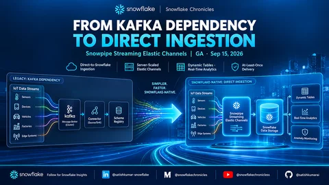 Snowflake architecture showing the shift from Kafka-based streaming to direct ingestion with Snowpipe Streaming Elastic Channels, Dynamic Tables, and real-time analytics.
