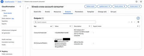 CloudFormation console showing the consumer stack deployment outputs