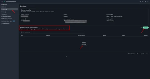 Domain management Settings page showing the Networking in this account section with Add VPC button.