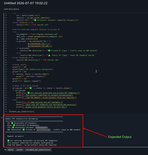 Successful validation output showing all services accessible through private VPC endpoints.