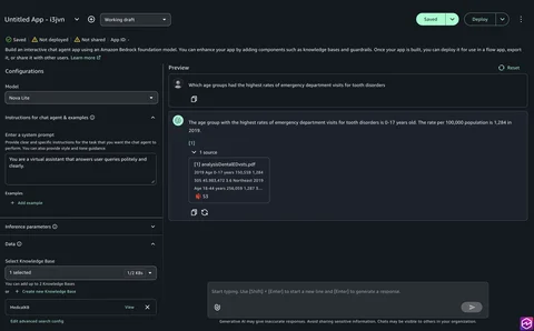 Chat agent page with a model selected and the MedicalKB knowledge base chosen, ready to enter a prompt