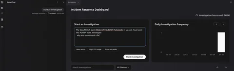 AWS DevOps Agent 开始调查面板,输入了告警提示