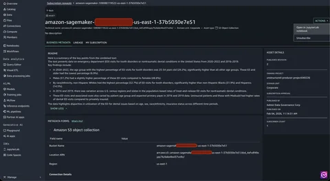 Subscribed S3 asset Actions menu with Open JupyterLab notebook selected in the consumer project