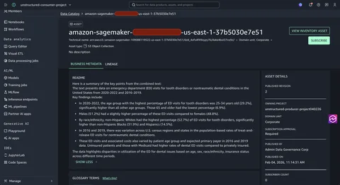 Asset details page showing AI-generated business metadata, glossary terms, and README content, with the Subscribe button