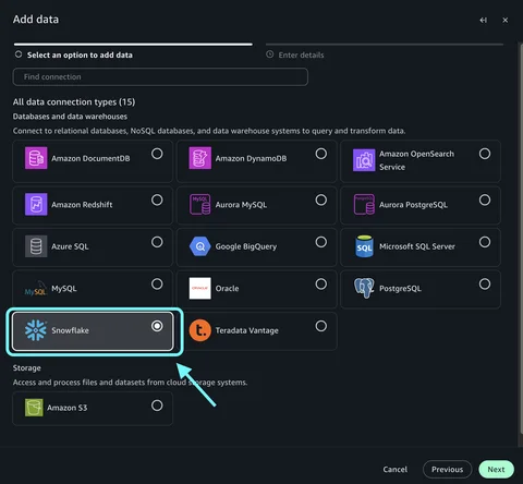 Connection type selection showing Snowflake in SageMaker Unified Studio