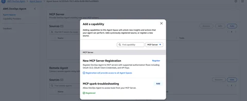 “添加能力”对话框,列出 spark-troubleshooting MCP 服务器