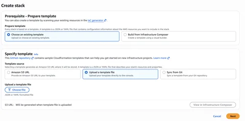 AWS CloudFormation 中的创建堆栈页面，已选择上传模板文件