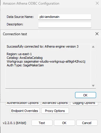 ODBC DSN configuration showing a successful connection test with SageMakerIam