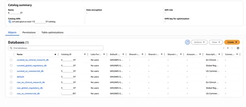 AWS Glue Data Catalog showing the six databases and tables created by the deployment