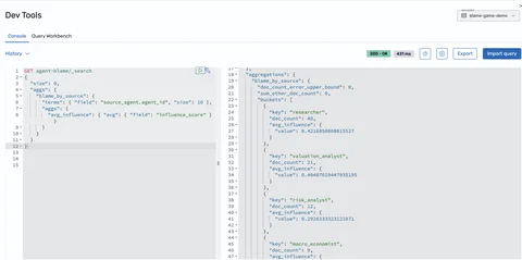 Dev Tools聚合显示按源代理划分的影响边;研究员边最多。
