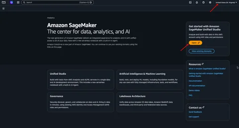 Amazon SageMaker Unified Studio landing page with the Open button to launch the IAM-based domain.