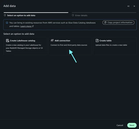 Add Connection panel in SageMaker Unified Studio
