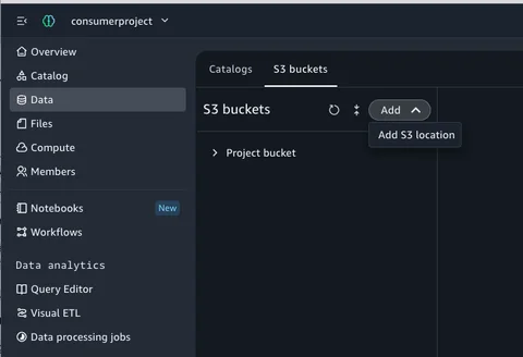Data tab in the project Overview with the S3 bucket selected and the Add button to register the S3 location