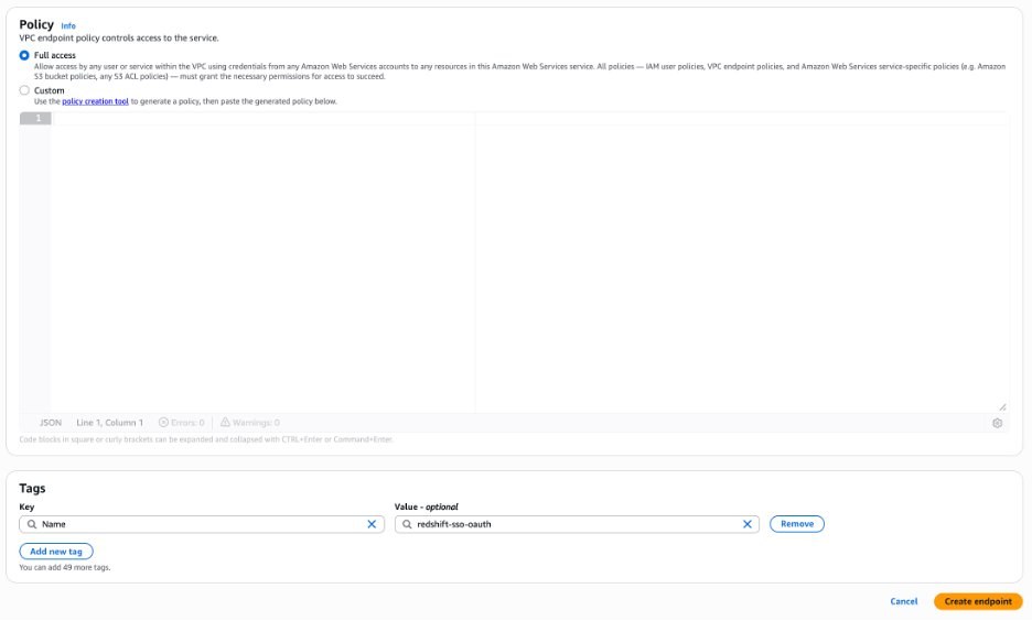 Create endpoint page showing the policy set to Full access and the tag settings