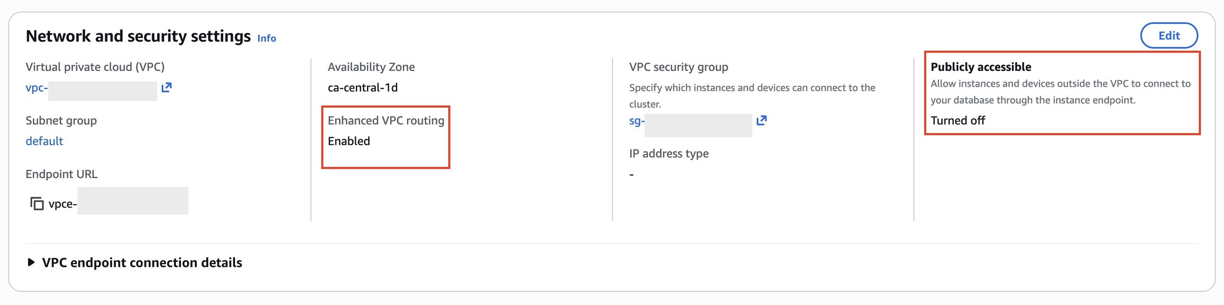 Amazon Redshift Network and security section with enhanced VPC routing turned on and public access turned off