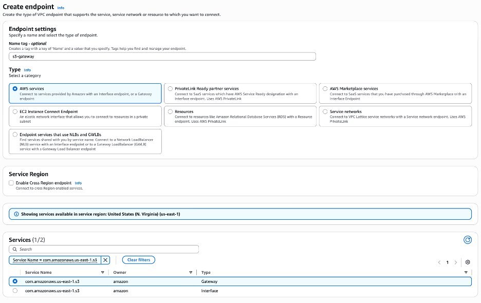 Create endpoint page with the Amazon S3 gateway service selected