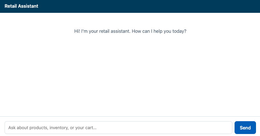 Sample retail agent chat interface showing the ecommerce assistant ready for queries