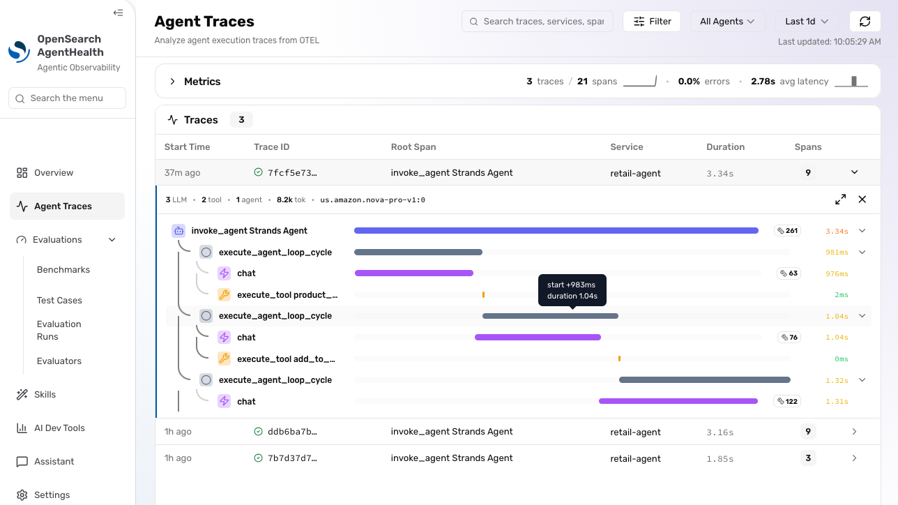 Agent Health Traces view listing agent traces captured from previous interactions