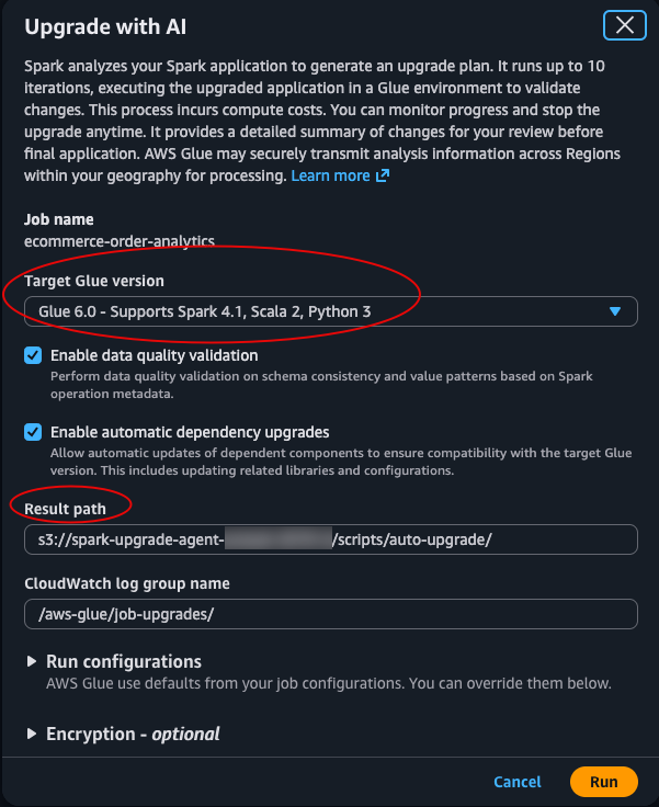 升级窗口，目标 AWS Glue 版本设置为 6.0，Amazon S3 结果路径
